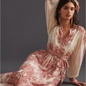 Floral Pink Satin Maxi Dress with Tie Waist